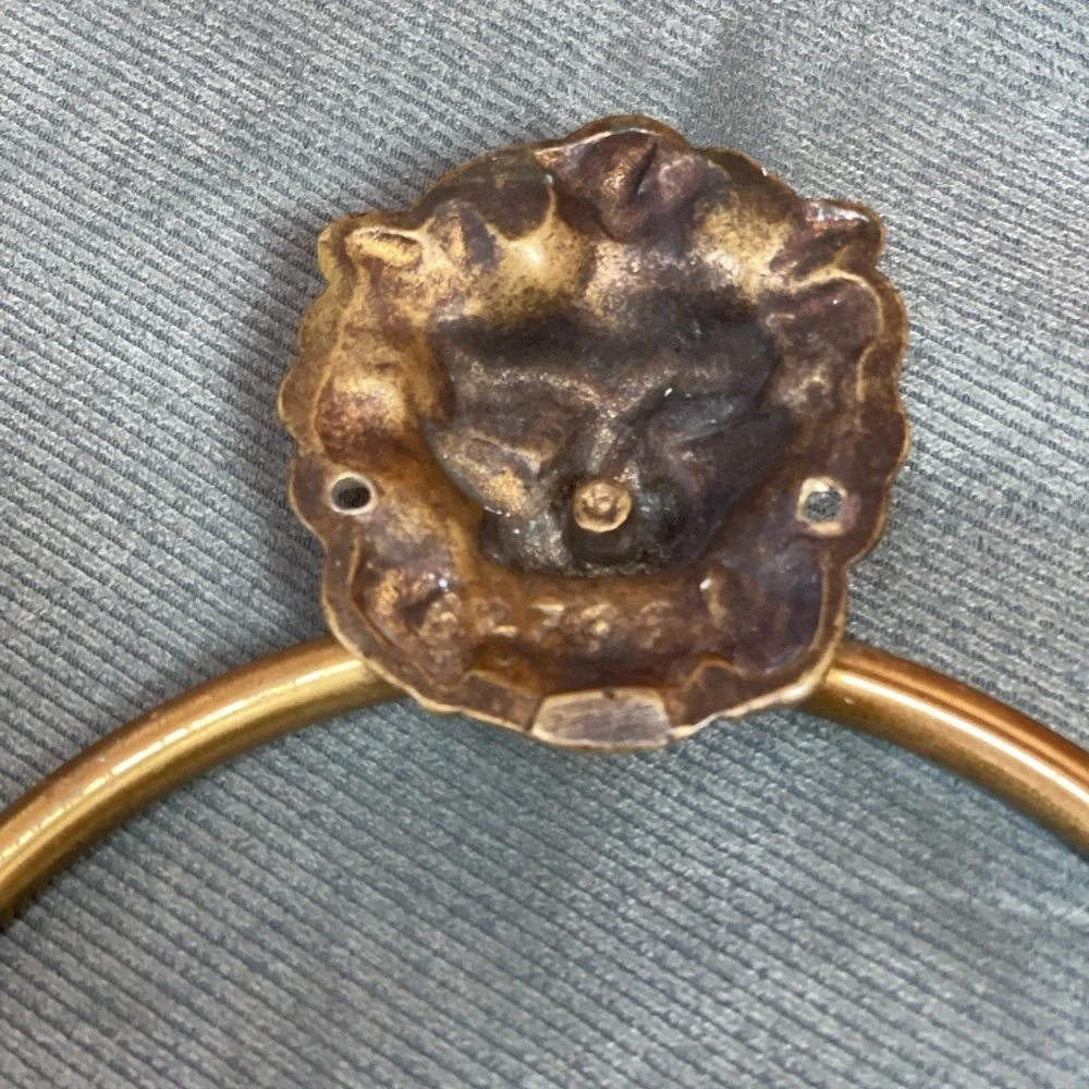 Rare Vintage Brass Lion Head Towel Holder 8.5”
